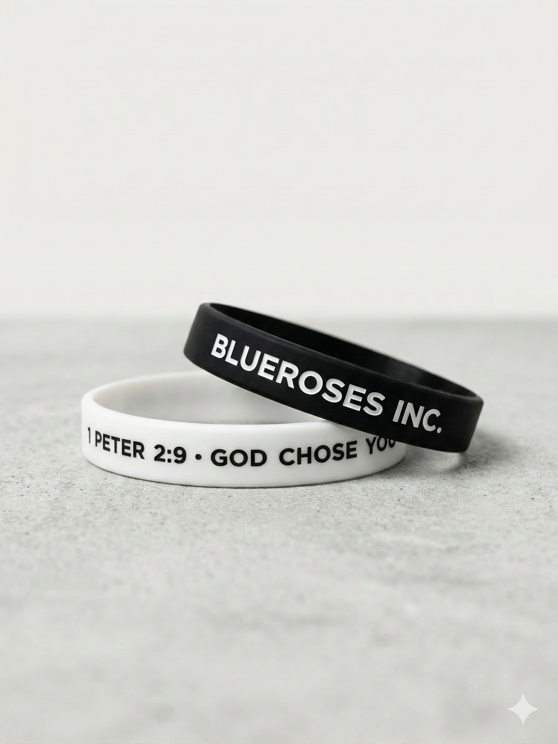 Two wristbands, one white and one black, with text on a light gray background.