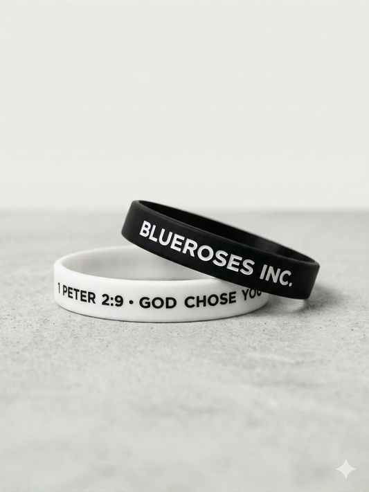 Two wristbands, one white and one black, with text on a light gray background.